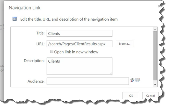 Navigation Link dialog with title Clients and URL /search/Pages/ClientResults.aspx