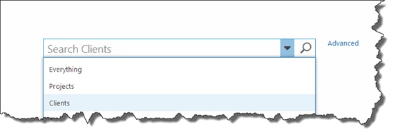 Search Center search box dropdown listing Everything, Projects and Clients with Clients selected