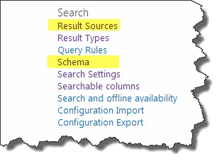 Search Service Application menu in Central Administration with Result Sources and Schema highlighted