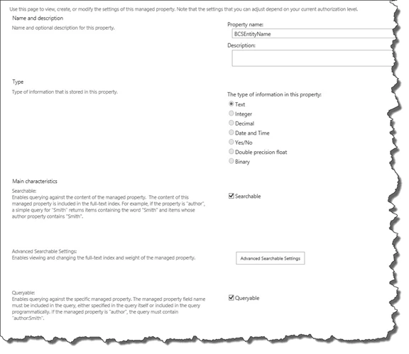 New managed property form with the name BCSEntityName, type Text, and Searchable and Queryable checked