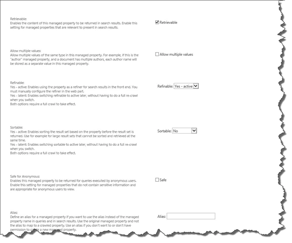 Managed property settings continued with Retrievable checked, Refinable set to Yes active and Sortable set to No