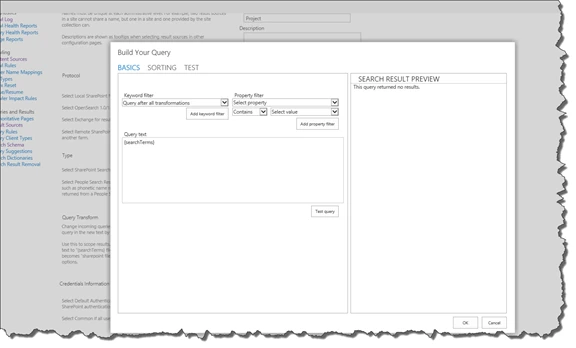 Build Your Query dialog for a SharePoint 2013 result source, Basics tab open and the Search Result Preview loading without errors