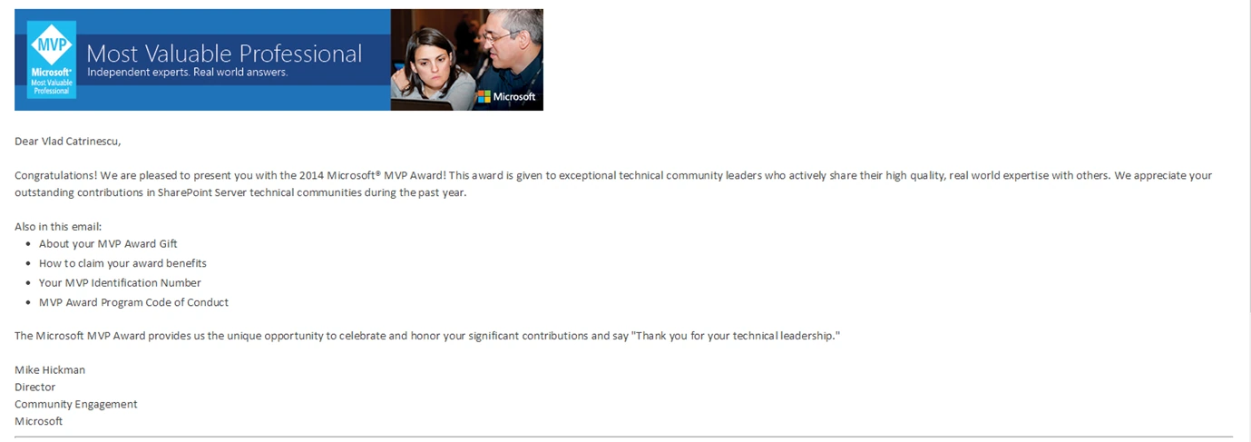Microsoft email congratulating Vlad Catrinescu on the 2014 Microsoft MVP Award for SharePoint Server