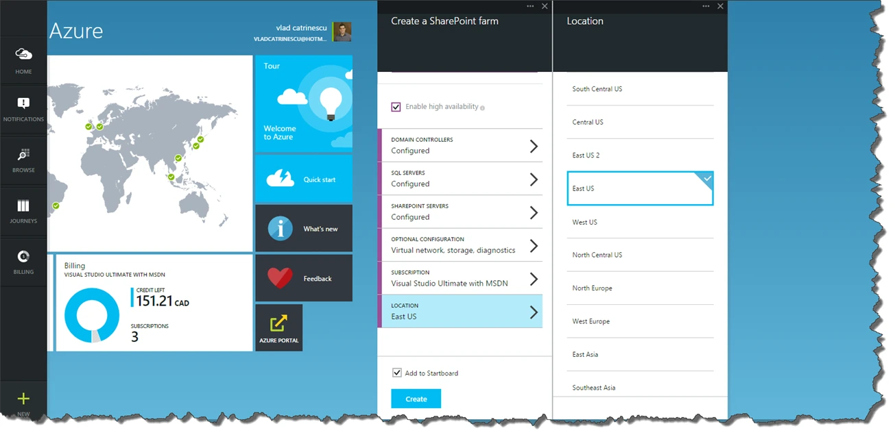 Location blade listing Azure regions such as South Central US, East US 2, West US and North Europe, with East US selected
