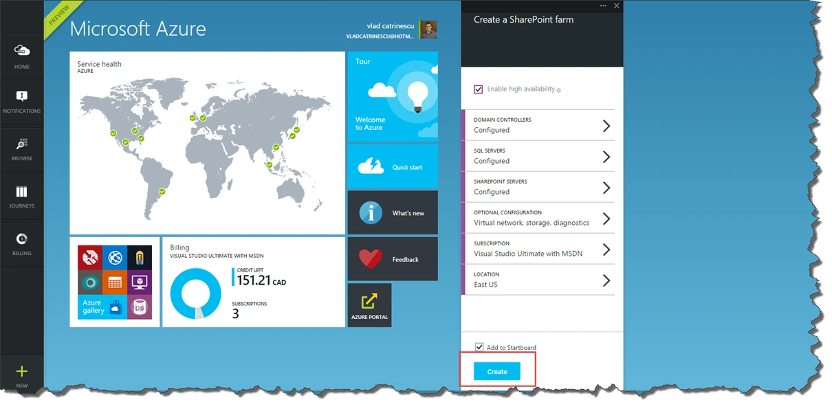 Create a SharePoint farm blade in Azure with all sections configured, location East US and the Create button highlighted
