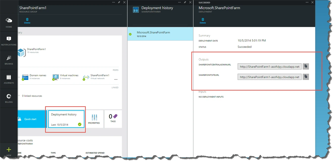 Azure deployment history for SharePointFarm1 with Microsoft.SharePointFarm outputs showing the SharePoint Central Admin URL and site URL