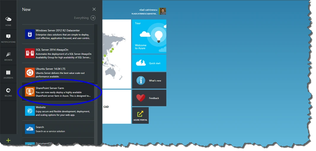 Azure preview portal New blade with SharePoint Server Farm circled in the gallery list