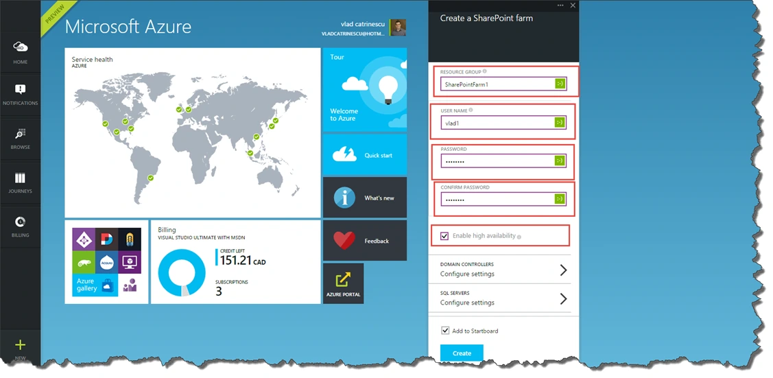 Create a SharePoint farm blade in the Azure preview portal with resource group SharePointFarm1, credentials and Enable high availability highlighted