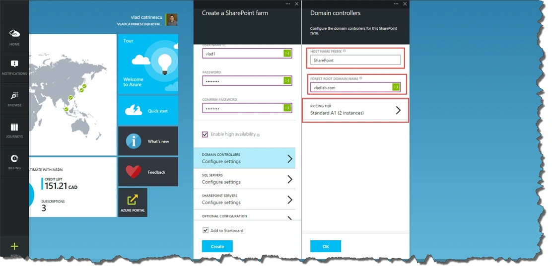 Domain controllers blade for the Azure SharePoint farm: host name prefix SharePoint, forest root domain vladlab.com, Standard A1 pricing tier, 2 instances