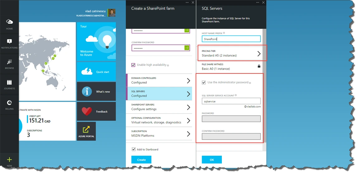SQL Servers blade for the Azure SharePoint farm: Standard A5 pricing tier, 2 instances, file share witness and the sqlservice service account