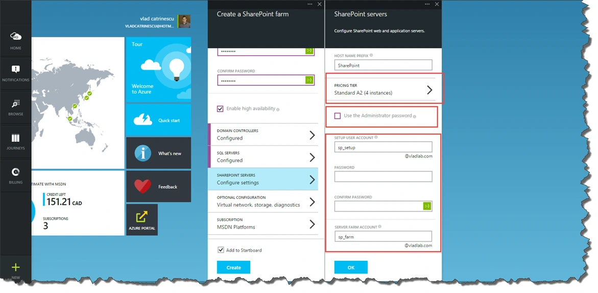 SharePoint servers blade in Azure with Standard A2 pricing tier, 4 instances, setup account sp_setup and farm account sp_farm