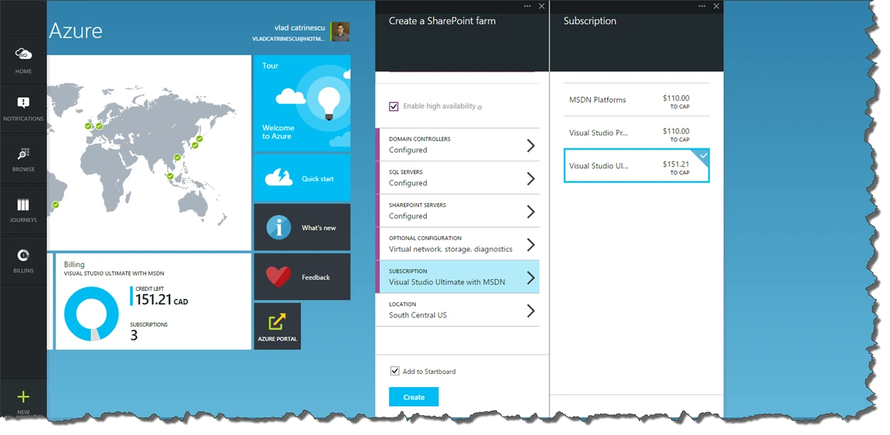 Azure Subscription blade listing MSDN Platforms, Visual Studio Premium and Ultimate with MSDN, Ultimate selected with its 151.21 dollar credit