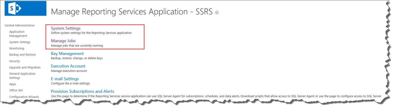 SharePoint 2013 Central Administration Manage Reporting Services Application page with System Settings and Manage Jobs outlined in red