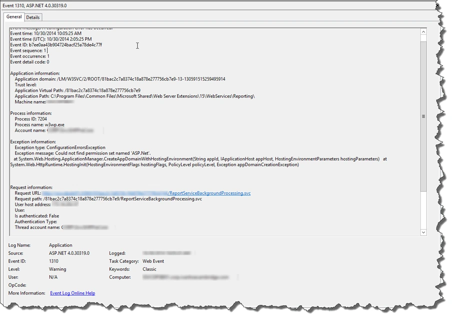 Event ID 1310 ASP.NET warning in Event Viewer, Could not find permission set named ASP.Net for ReportServiceBackgroundProcessing.svc