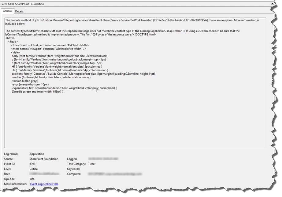 Event ID 6398 SharePoint Foundation critical error for DoWorkTimerJob, HTML response titled Could not find permission set named ASP.Net