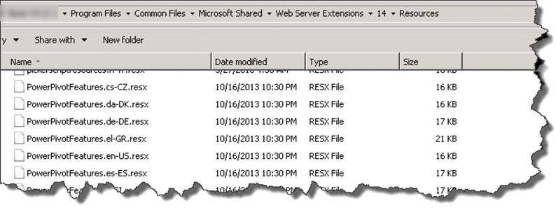 SharePoint 2010 hive 14 Resources folder listing PowerPivotFeatures.resx files for each language