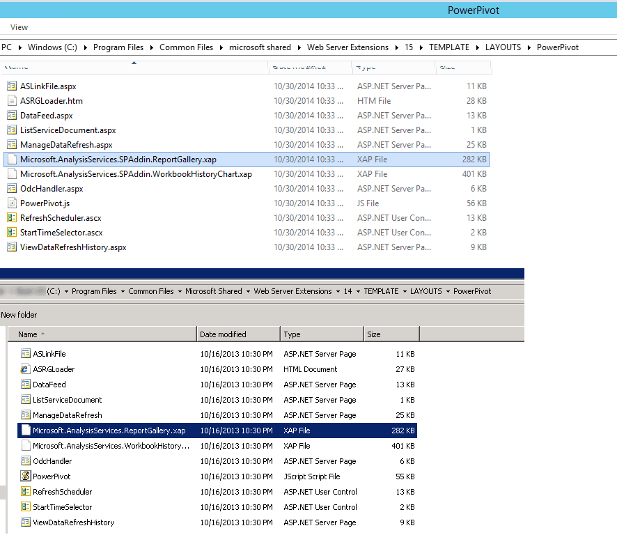 PowerPivot LAYOUTS folders side by side: Microsoft.AnalysisServices.SPAddin.ReportGallery.xap in SharePoint 2013, Microsoft.AnalysisServices.ReportGallery.xap in SharePoint 2010