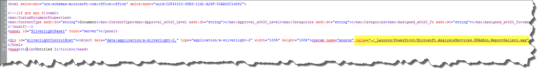 PowerPivot Gallery HTML source with the Silverlight source parameter set to Layouts/PowerPivot/Microsoft.AnalysisServices.SPAddin.ReportGallery.xap