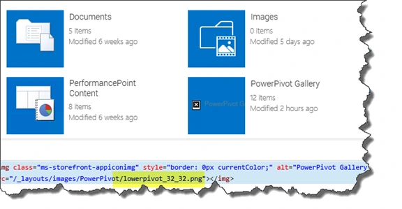 SharePoint Site Contents page with a broken PowerPivot Gallery icon, Chrome Dev Tools showing the misspelled lowerpivot_32_32.png source