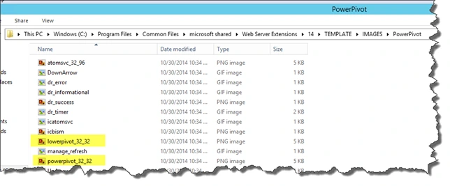 PowerPivot images folder in File Explorer with the lowerpivot_32_32 and powerpivot_32_32 files highlighted