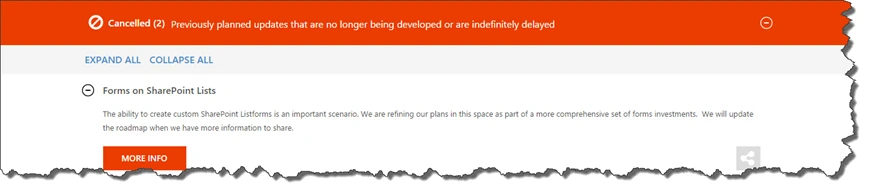 Office 365 Roadmap Cancelled section listing Forms on SharePoint Lists, Microsoft refining its plans as part of broader forms investments