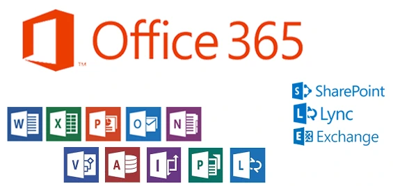 Office 365 logo with the Word, Excel, PowerPoint, Outlook, OneNote, Visio, Access, InfoPath, Project, SharePoint, Lync and Exchange app icons