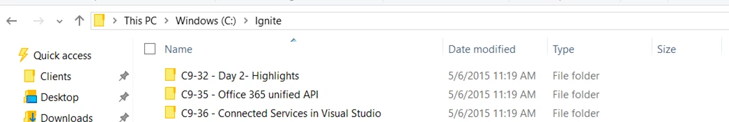 File Explorer showing the C:\Ignite folder with one subfolder per Microsoft Ignite 2015 session, such as C9-35 Office 365 unified API