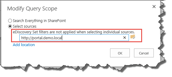 Modify Query Scope dialog with http://portal.demo.local entered as the source location