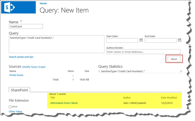 CreditCard DLP query results in the eDiscovery Center showing one result, the Information From Clients document