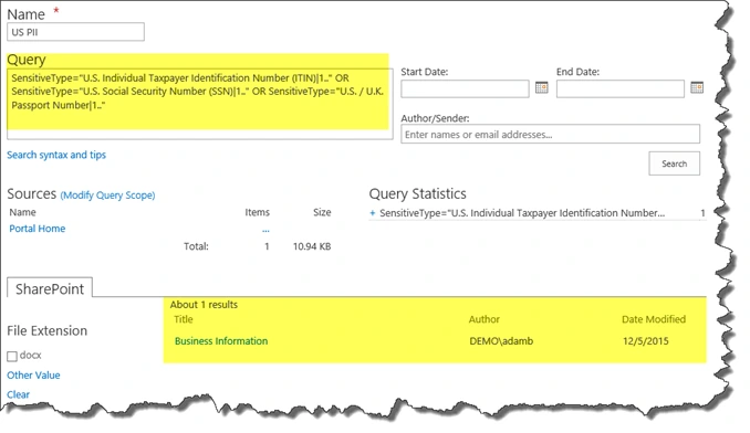 US PII DLP query with ITIN, SSN and Passport Number sensitive types returning one result, the Business Information document