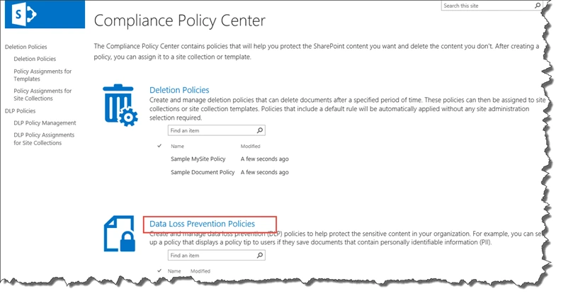Compliance Policy Center home page with the Data Loss Prevention Policies link highlighted below Deletion Policies