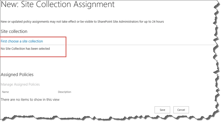 New: Site Collection Assignment form with the First choose a site collection link highlighted