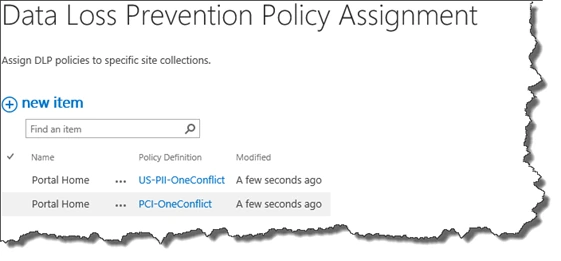 Data Loss Prevention Policy Assignment list showing Portal Home assigned to both US-PII-OneConflict and PCI-OneConflict
