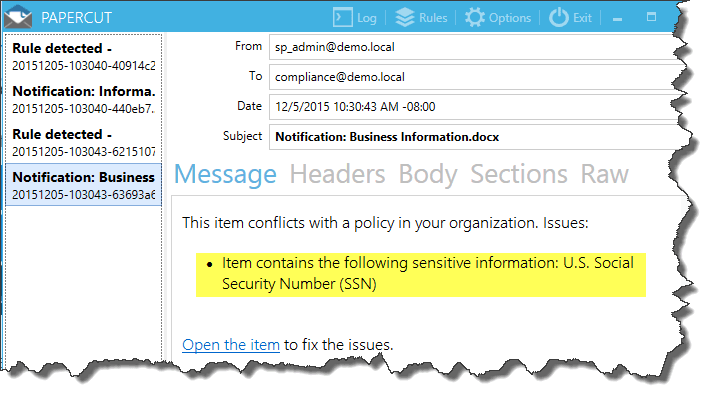 DLP user notification email in Papercut saying the Business Information.docx item contains a U.S. Social Security Number