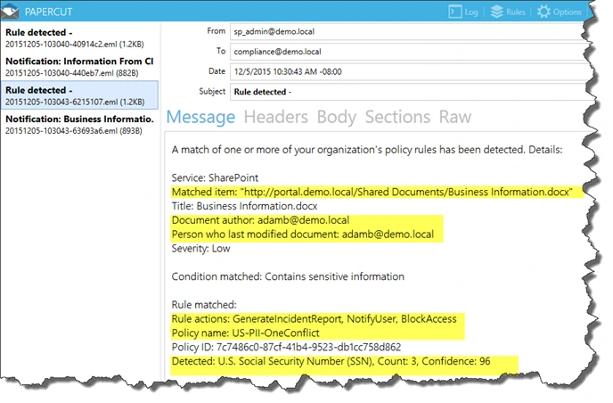 DLP Rule detected administrator email in Papercut listing the matched item, author, rule actions, US-PII-OneConflict policy and 3 SSNs detected