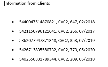 Demo Word document titled Information from Clients listing five sample credit card numbers with CVC2 codes and expiry dates