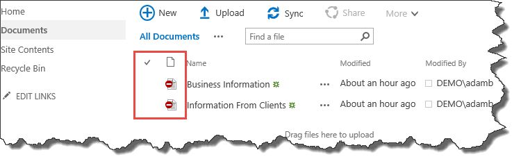 SharePoint Documents library with a red stop icon on the Business Information and Information From Clients files