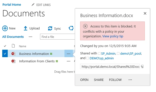 Document information pane for Business Information.docx: access blocked because it conflicts with a policy, with a View policy tip link