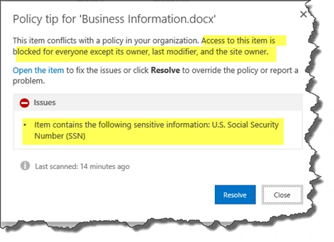 Policy tip for Business Information.docx blocking everyone except its owner over a U.S. Social Security Number, with Resolve and Close buttons