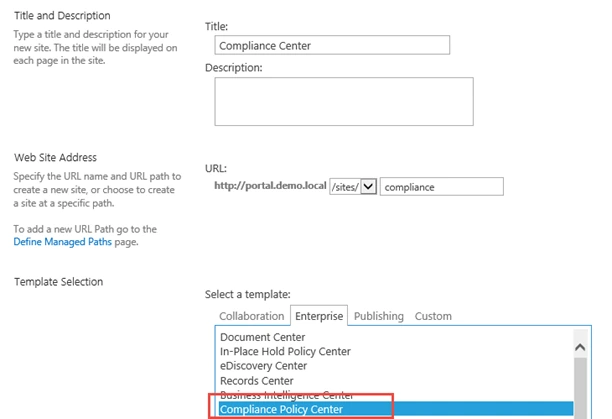 SharePoint 2016 new site collection form for Compliance Center with the Compliance Policy Center template highlighted under the Enterprise tab