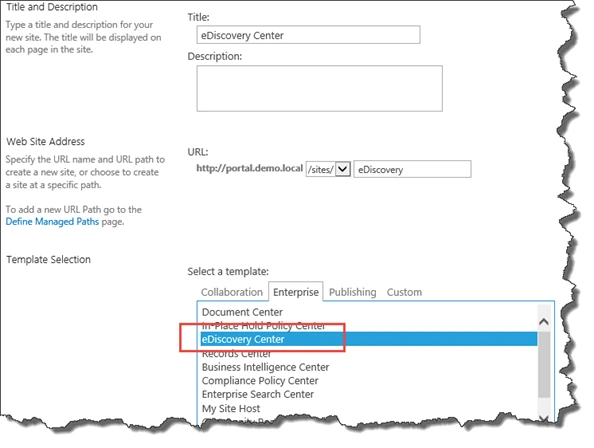 New site collection form for eDiscovery Center with the eDiscovery Center template highlighted under the Enterprise tab