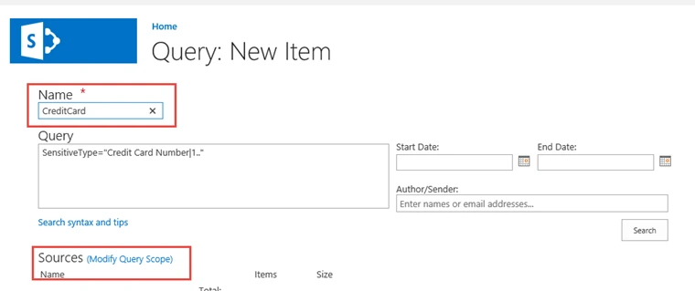 Query: New Item page with the Name field set to CreditCard, the pre-filled Credit Card Number query and the Modify Query Scope link highlighted