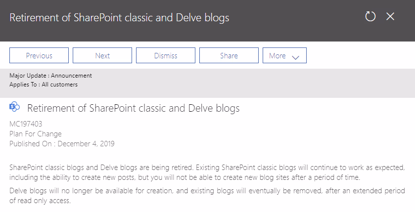 Message center announcement MC197403, Retirement of SharePoint classic and Delve blogs, published December 4, 2019