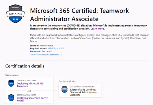 Microsoft 365 Certified: Teamwork Administrator Associate page on Microsoft Learn showing the required MS-300 and MS-301 exams