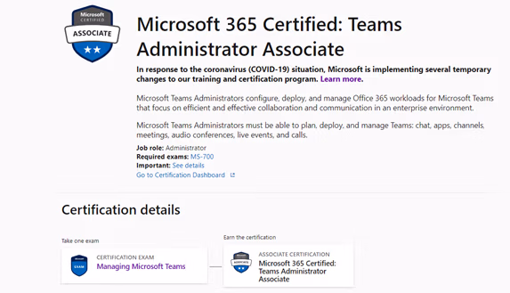 Microsoft 365 Certified: Teams Administrator Associate page on Microsoft Learn with MS-700 Managing Microsoft Teams as the only exam