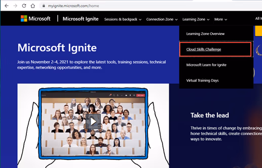 Microsoft Ignite website with the Learning Zone menu open and Cloud Skills Challenge highlighted