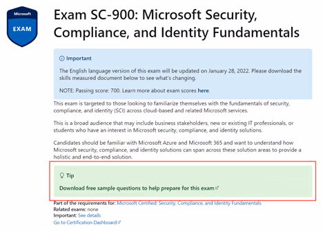 Exam SC-900 page on Microsoft Learn with the Download free sample questions tip box highlighted