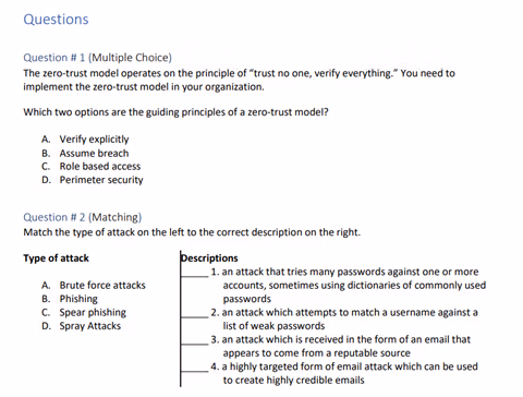 SC-900 sample questions with a multiple choice question on Zero Trust principles and a matching question on attack types