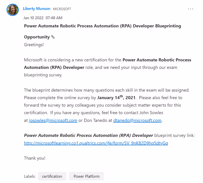 Liberty Munson's Tech Community post announcing the Power Automate RPA Developer certification blueprinting survey