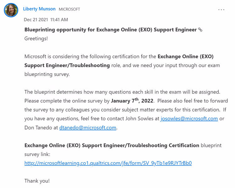 Liberty Munson's Tech Community post announcing the Exchange Online (EXO) Support Engineer blueprinting survey